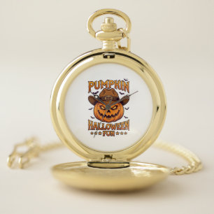 Pumpkin Halloween Fun Jack Lantern Cowboy Hat Bats Pocket Watch