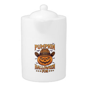 Pumpkin Halloween Fun Jack Lantern Cowboy Hat Bats Teapot