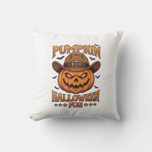 Pumpkin Halloween Fun Jack Lantern Cowboy Hat Bats Throw Pillow