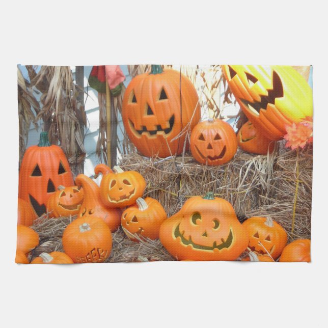Pumpkin halloween jack o lantern orange pumpkins kitchen towel (Horizontal)