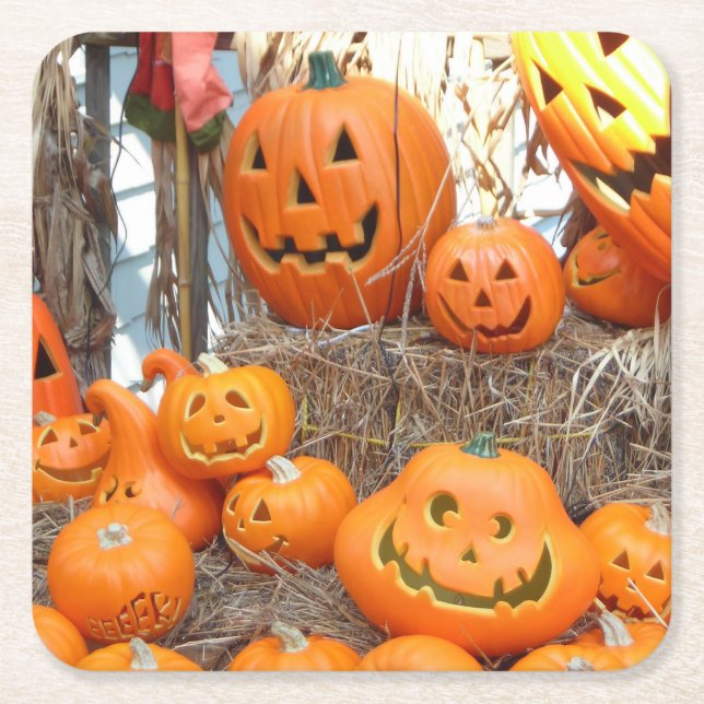 Pumpkin halloween jack o lantern orange pumpkins square paper coaster (Front)
