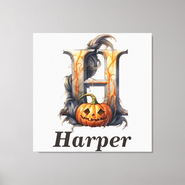 Pumpkin Halloween Name Letter H Floral Monogram Canvas Print (Front)