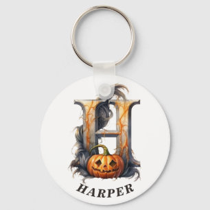 Pumpkin Halloween Name Letter H Floral Monogram Keychain