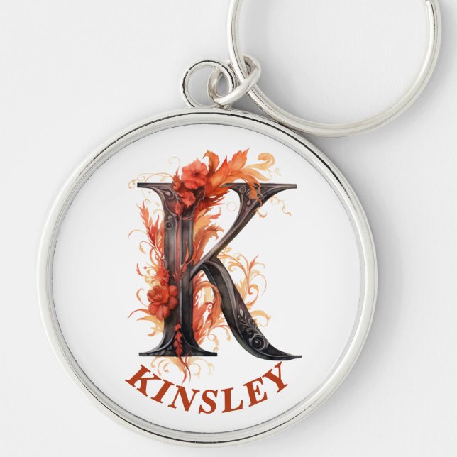 Pumpkin Halloween Name Letter K Floral Monogram Keychain (Front)