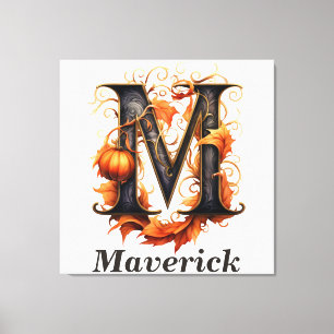 Pumpkin Halloween Name Letter M Floral Monogram Canvas Print