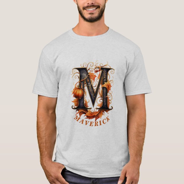 Pumpkin Halloween Name Letter M Floral Monogram T-Shirt (Front)