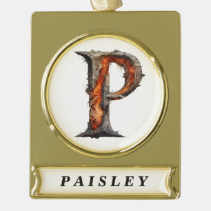 Pumpkin Halloween Name Letter P Floral Monogram Gold Plated Banner Ornament