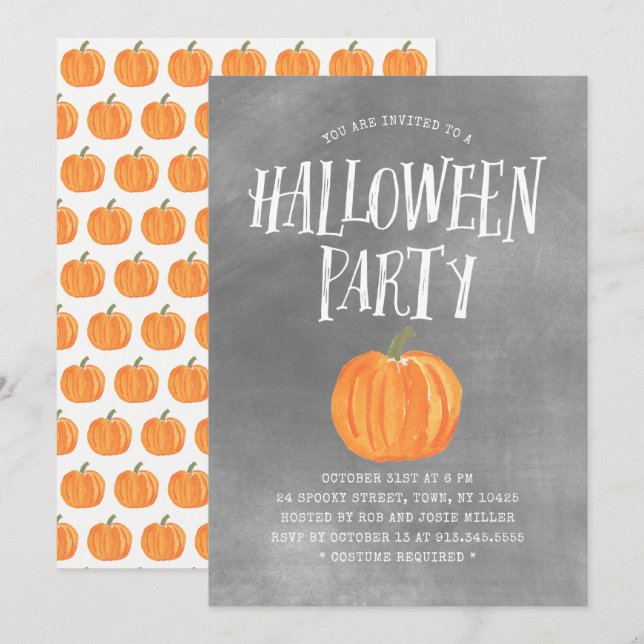 Pumpkin Halloween Party Invitation Gray Watercolor (Front/Back)