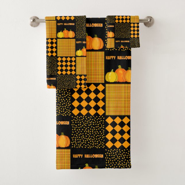 Pumpkin Halloween Patchwork Pattern Bath Towel Set (Insitu)