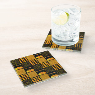 Pumpkin Halloween Patchwork Pattern Glass Coaster