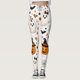 Pumpkin Halloween Seamless Pattern Cute Ghosts & Leggings