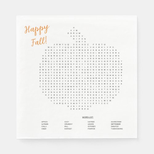 Pumpkin Happy Fall Word Search Paper Napkin