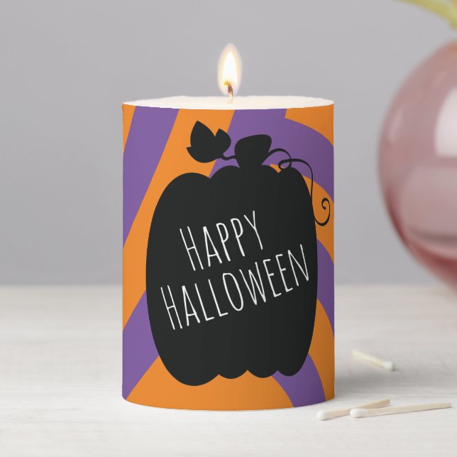 Pumpkin Happy Halloween Black Orange Stripes Pillar Candle (In Situ)