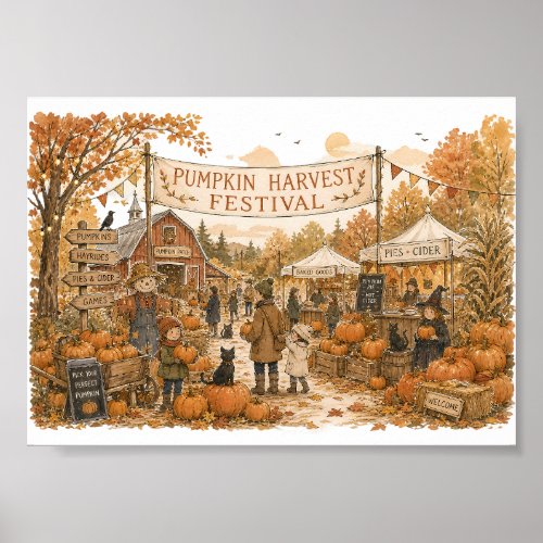 Pumpkin Harvest Festival Scene Illustration Poster