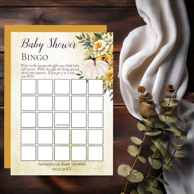 Pumpkin Harvest | Gold Floral Baby Shower Bingo Invitation (White Pumpkin and Gold Floral Baby Shower Bingo Game Print | Digital - Little Pumpkin Collection)