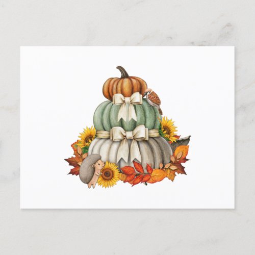 Pumpkin Harvest Hedgehog and Bird Cute Nature  Postcard