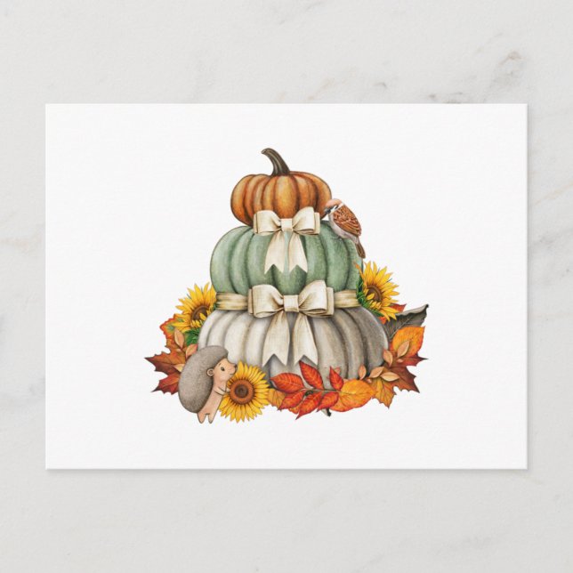 Pumpkin Harvest, Hedgehog and Bird Cute Nature  Postcard (Front)