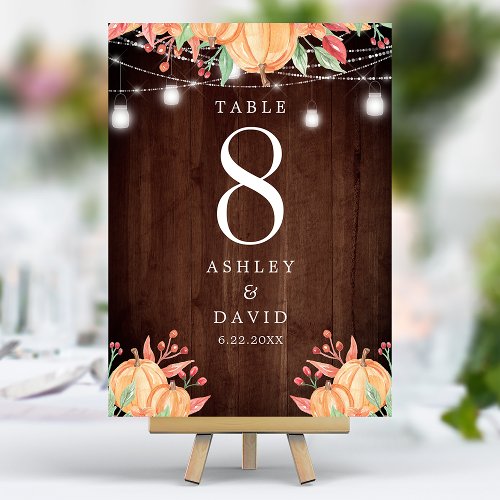 Pumpkin Harvest Mason Jar String Lights Wedding Table Number