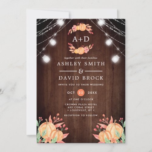 Pumpkin Harvest Monogram Autumn Lights Wedding Invitation