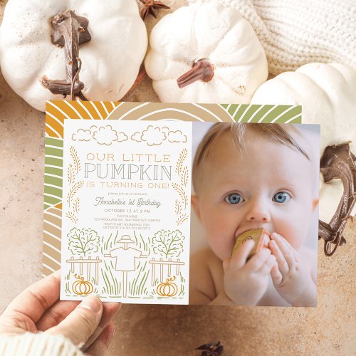 Pumpkin Harvest Scarecrow Photo 1st Birthday Invitation