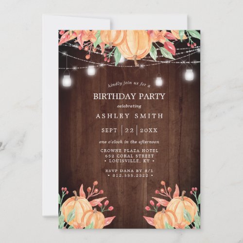 Pumpkin Harvest Watercolor Autumn Lights Birthday Invitation