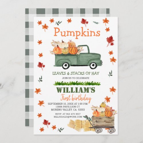 Pumpkin Hay Leaves Fall Birthday Green Truck Invitation