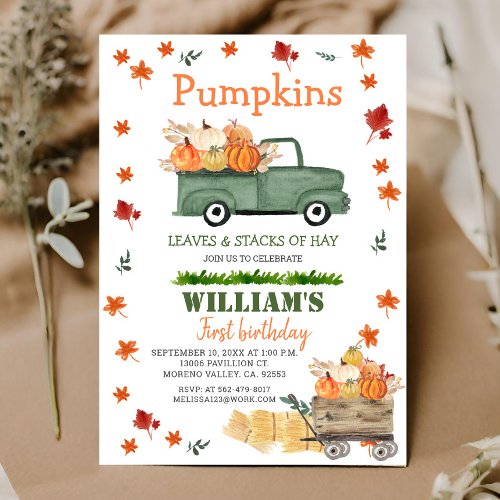 Pumpkin Hay Leaves Fall Birthday Green Truck Invitation