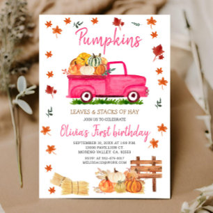 Pumpkin, Hay, Leaves, Fall Birthday Pink Truck Invitation