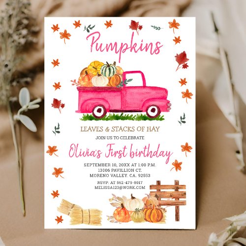 Pumpkin Hay Leaves Fall Birthday Pink Truck Invitation