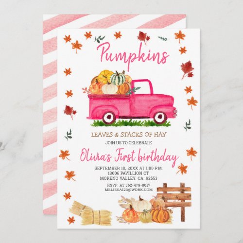 Pumpkin Hay Leaves Fall Birthday Pink Truck Invitation