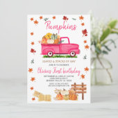 Pumpkin, Hay, Leaves, Fall Birthday Pink Truck Invitation (Standing Front)