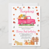 Pumpkin, Hay, Leaves, Fall Birthday Pink Truck Invitation (Front)