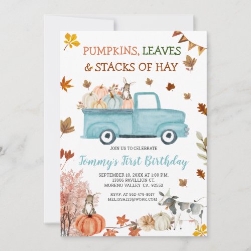 Pumpkin Hay Leaves Fall Boy Birthday Blue Truck Invitation