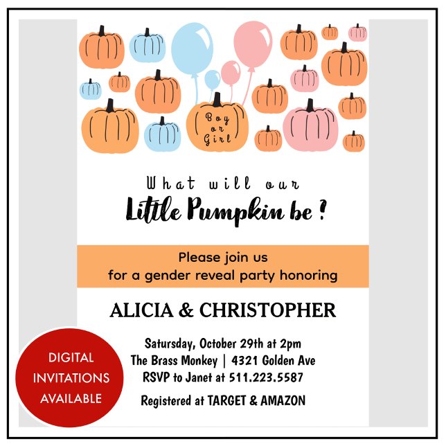 Pumpkin He or She Halloween Gender Reveal  Invitation (Pumpkin-He-or-She-Halloween-Gender-Reveal-Invitation-1)