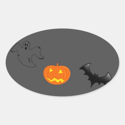 Pumpkin head bat and ghost on gray oval sticker