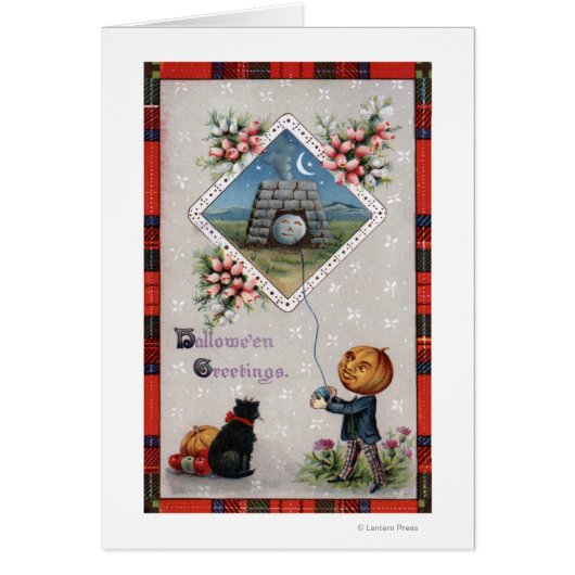 Pumpkin Head Flying a Kite in a Chimney Cards (Front)