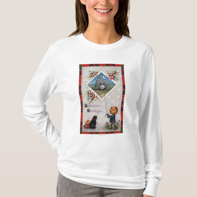 Pumpkin Head Flying a Kite in a Chimney T-Shirt (Front)