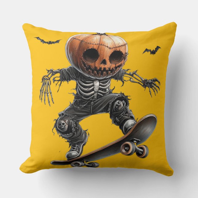🎃 Pumpkin Head Skier Throw Pillow (Front)