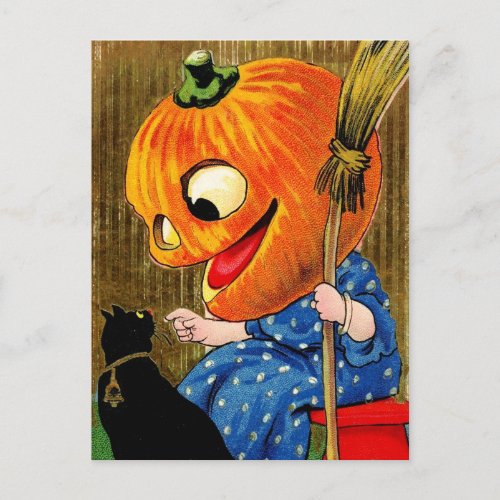 Pumpkin_Head Witch and Black Cat Postcard