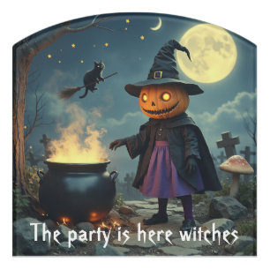 Pumpkin head witch party sign