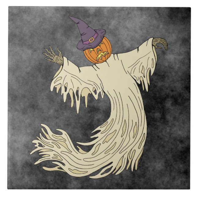 Pumpkin-Headed Ghost Halloween Art Ceramic Tile (Front)