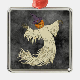 Pumpkin-Headed Ghost Halloween Art Metal Ornament