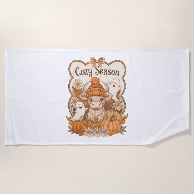 Pumpkin-highland Cow Ghost Halloween Beach Towel (Front)