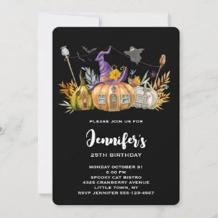 Pumpkin House with Ghost & Bats Birthday Invitation