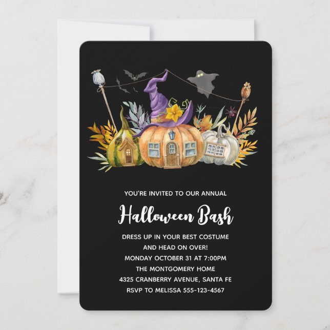 Pumpkin House with Ghost & Bats Halloween Invitation (Front)
