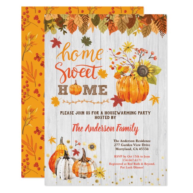 Pumpkin housewarming party rustic wood fall invitation