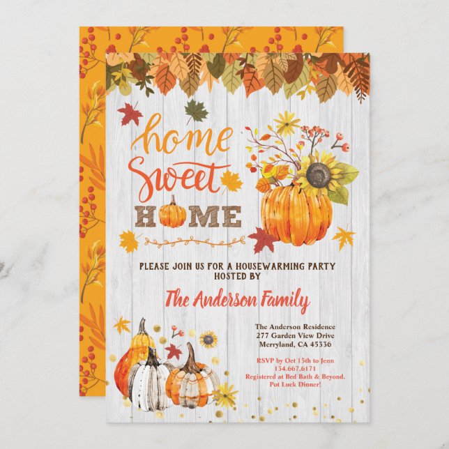 Pumpkin housewarming party rustic wood fall invitation (Front/Back)