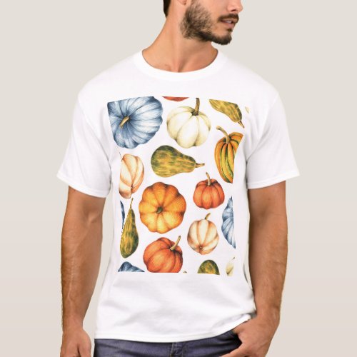 Pumpkin Illustration Seamless Watercolor Pattern T_Shirt
