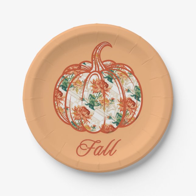 Pumpkin in a Chrysanthemum Pattern Paper Plates (Front)