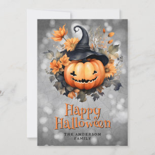 Pumpkin In A Hat Flowers Happy Halloween Card